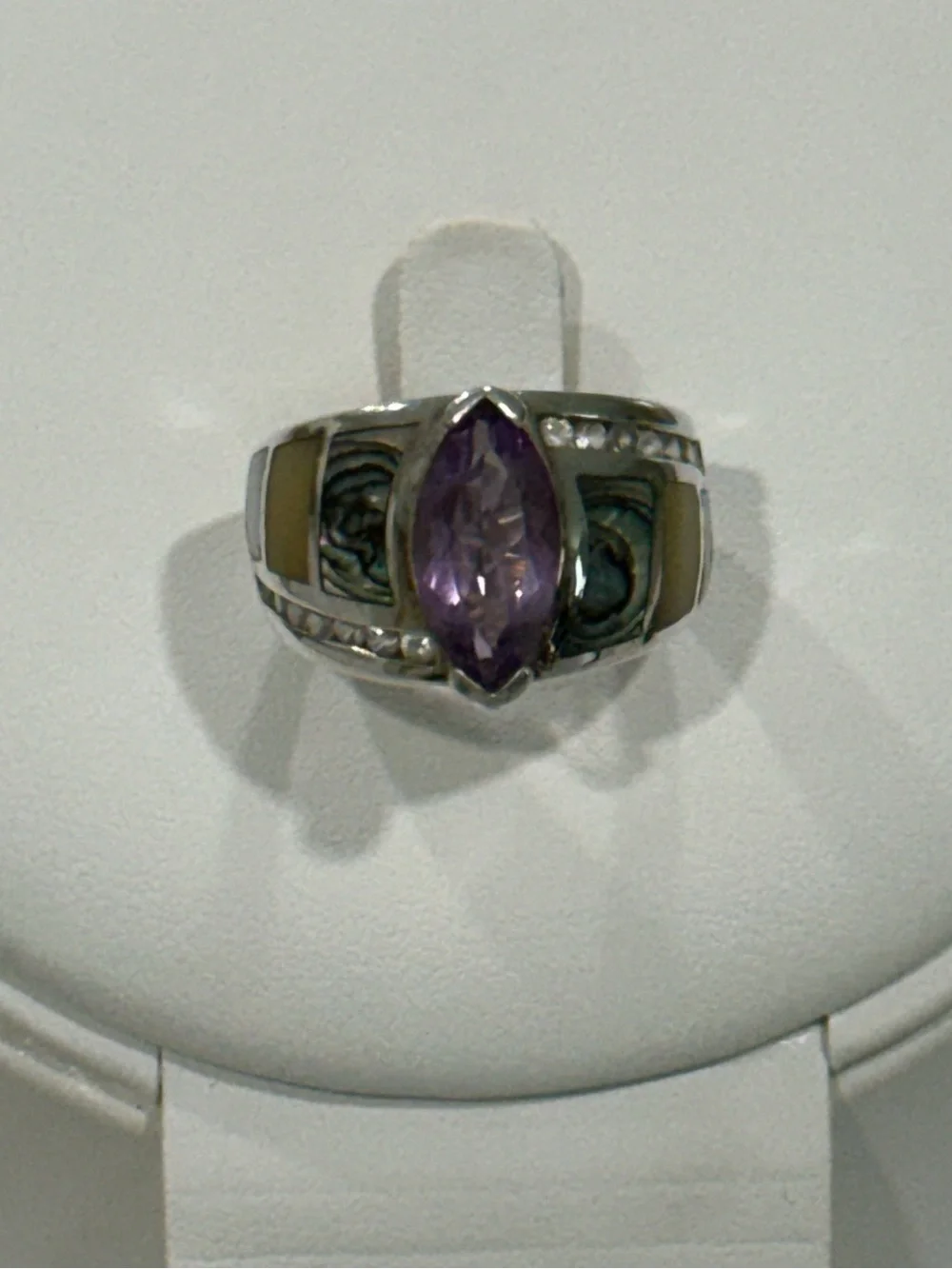 Sterling Silver Ring with Marquise Amethyst and white topaz gemstones on sides